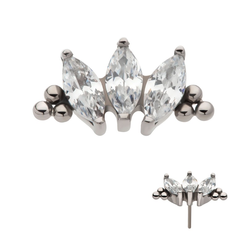 Titanium Threadless Tri Beads Prong Set Marquise CZ 3-Cluster Labret Cartilage Replacement Top – 1 Piece . Top: 9.6mm (L) x 5mm (W) x 2.3mm (H) |3pcs Gem Clear