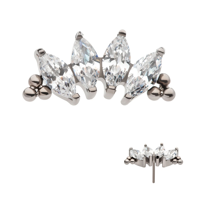 Titanium Threadless Tri Beads Prong Set Marquise CZ 4-Cluster Labret Cartilage Replacement Top – 1 Piece . Top: 11mm (L) x 5.2mm (W) x 2.3mm (H) |4pcs Gem Clear