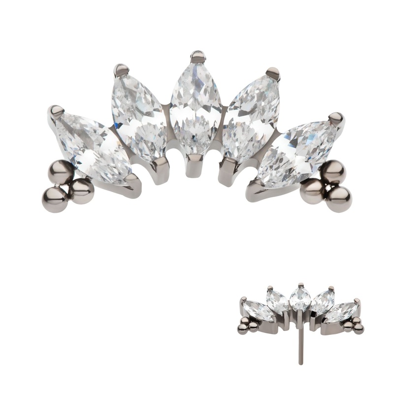 Titanium Threadless Tri Beads Prong Set Marquise CZ 5-Cluster Labret Cartilage Replacement Top – 1 Piece . Top: 12mm (L) x 6.3mm (W) x 2.3mm (H) |5pcs Gem Clear