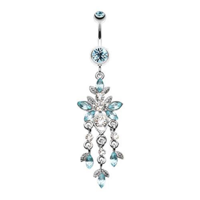 Aqua Butterfly Sparkle Droplets Dangle Belly Ring 14G (1.6mm) Length: 3/8″ (10mm)
