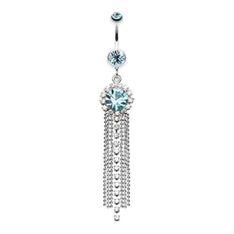Aqua Chandelier Bead Chain Sparkle Dangle Belly Ring 14G (1.6mm) Length: 3/8″ (10mm)