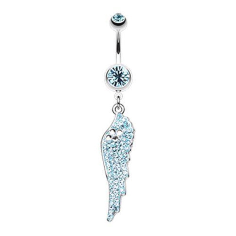 Aqua Jeweled Angel Wing Sparkle Dangle Belly Ring 14G (1.6mm) Length: 3/8″ (10mm)
