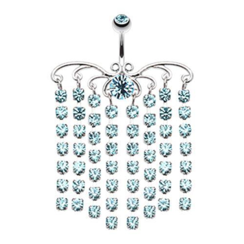 Aqua Sparkling Curtain Chandelier Dangle Belly Ring 14G (1.6mm) Length: 3/8″ (10mm)