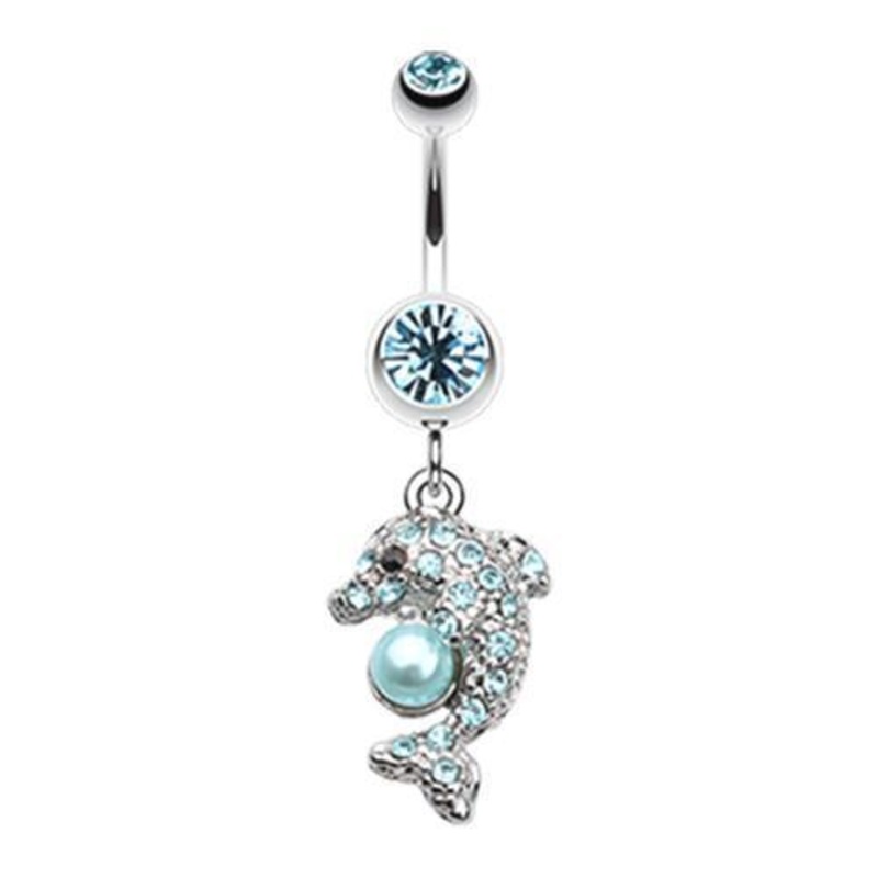 Aqua Sparkling Dolphin Dangle Belly Ring 14G (1.6mm) Length: 3/8″ (10mm)