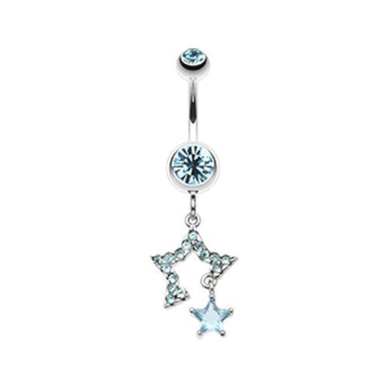 Aqua Twinkling Stars Dangle Belly Ring 14G (1.6mm) Length: 3/8″ (10mm)