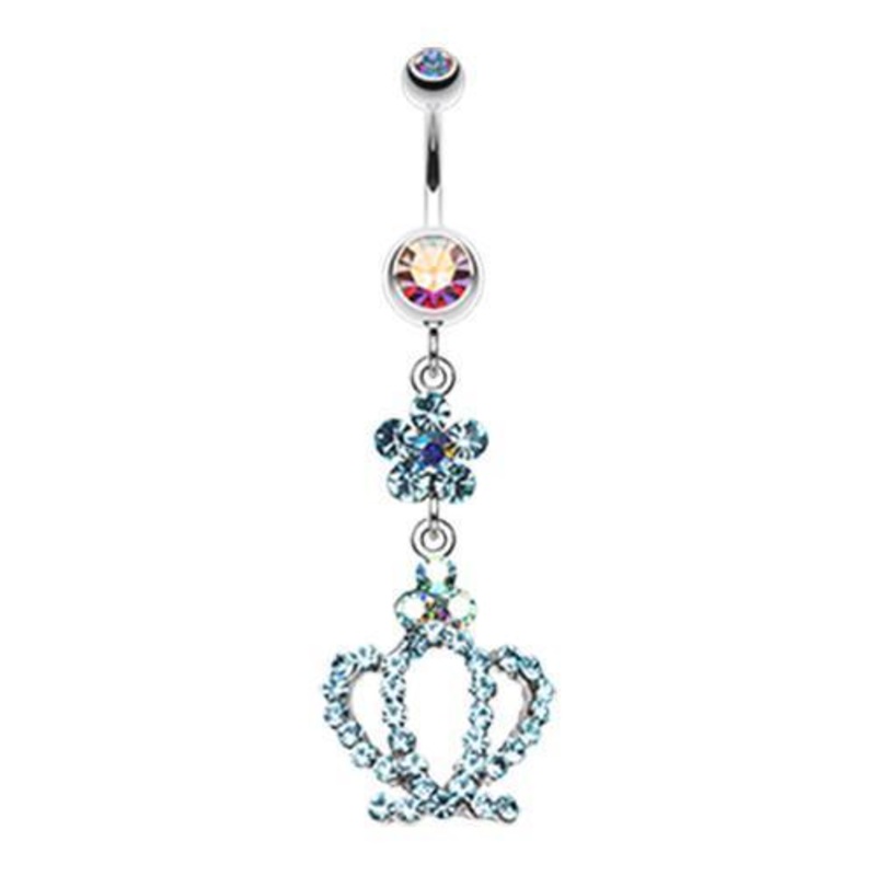 Aurora Borealis/Aqua Flower Crown Sparkle Dangle Belly Ring 14G (1.6mm) Length: 3/8″ (10mm)