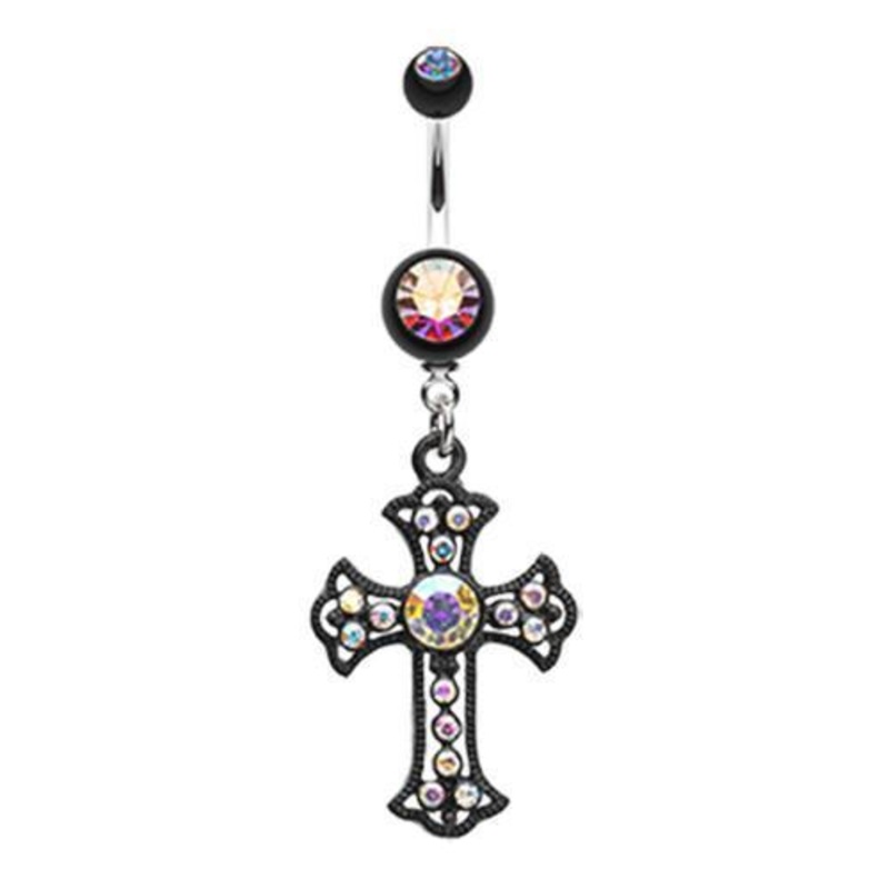 Aurora Borealis Black Opulent Cross Dangle Belly Ring 14G (1.6mm) Length: 3/8″ (10mm)
