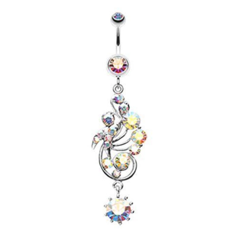 Aurora Borealis Elegant Journey Vine Swirl Dangle Belly Ring 14G (1.6mm) Length: 3/8″ (10mm)