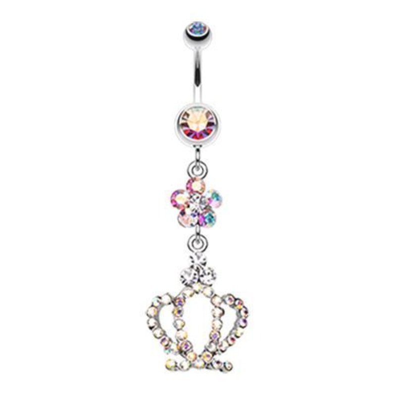 Aurora Borealis Flower Crown Sparkle Dangle Belly Ring 14G (1.6mm) Length: 3/8″ (10mm)