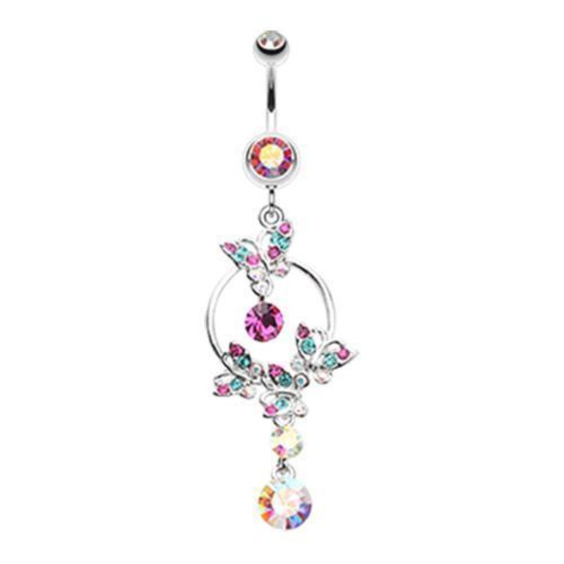 Aurora Borealis Glistening Butterfly Garden Dangle Belly Ring 14G (1.6mm) Length: 3/8″ (10mm)