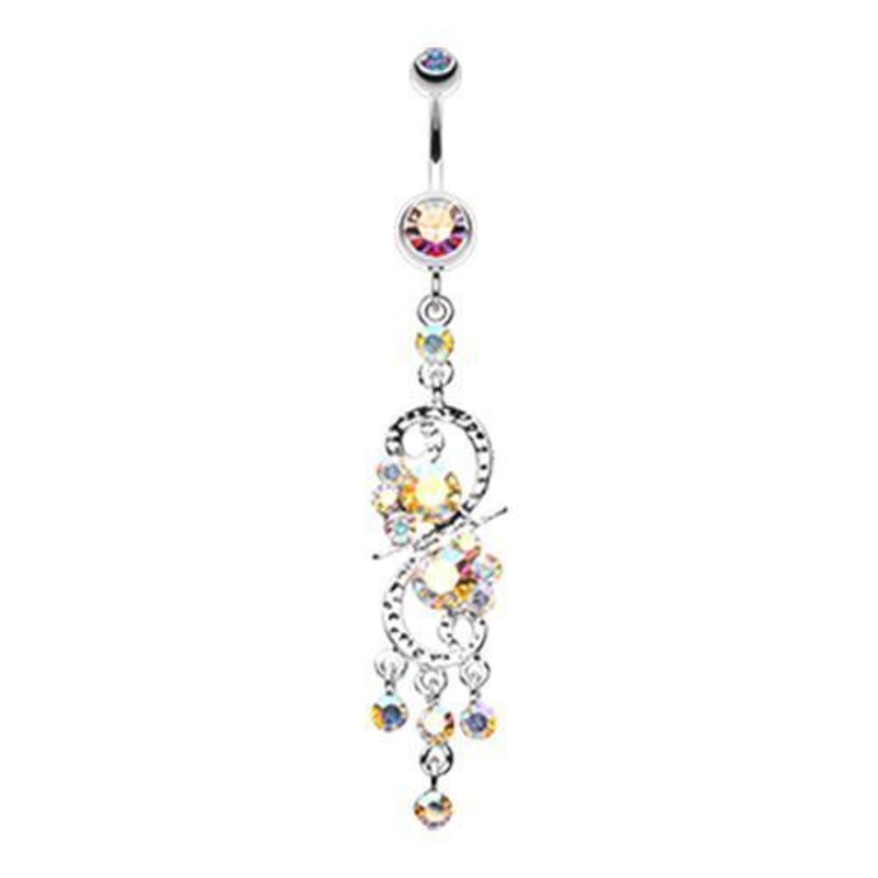 Aurora Borealis Glistening Chandelier Dangle Belly Ring 14G (1.6mm) Length: 3/8″ (10mm)