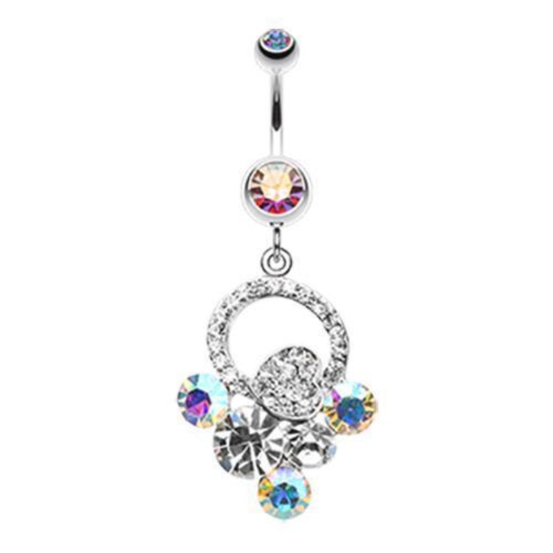 Aurora Borealis Treasure Cluster Heart Dangle Belly Ring 14G (1.6mm) Length: 3/8″ (10mm)