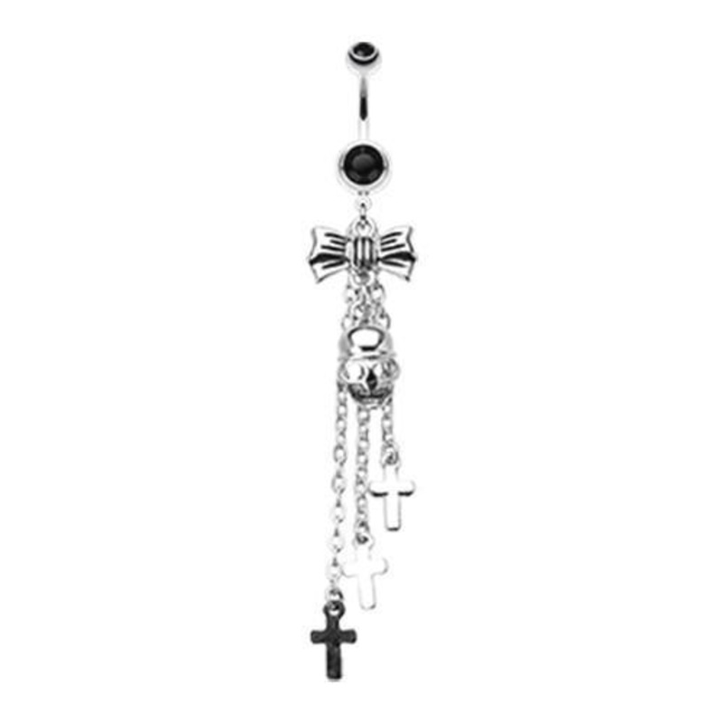 Black Bow-Tie Skull Cross Dangle Belly Ring 14G (1.6mm) Length: 3/8″ (10mm)