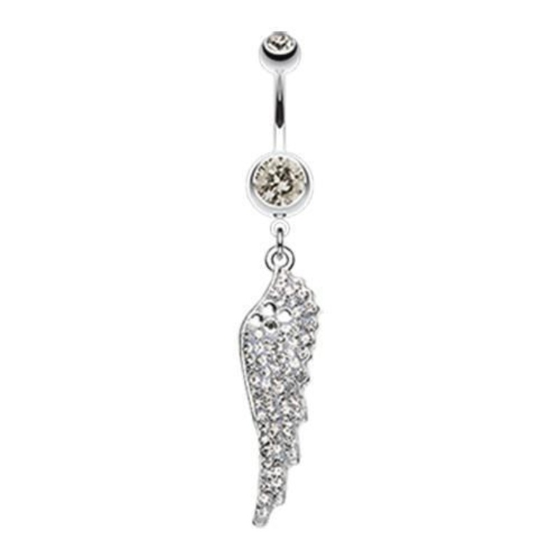 Black Diamond Jeweled Angel Wing Sparkle Dangle Belly Ring 14G (1.6mm) Length: 3/8″ (10mm)