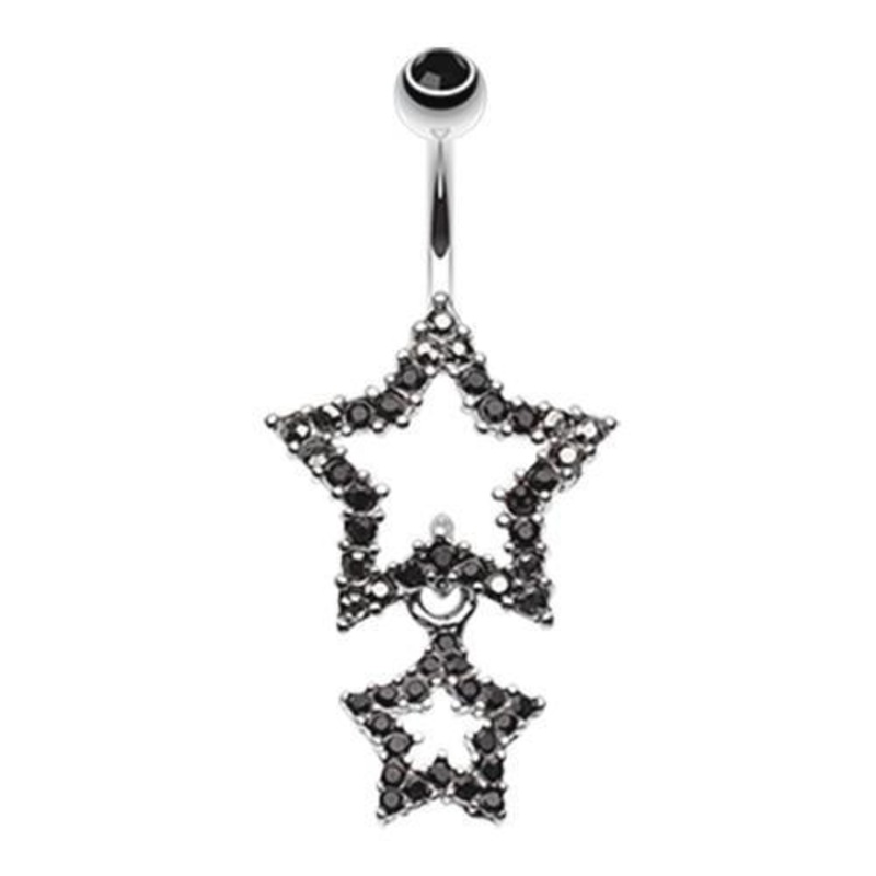 Black Glistening Double Star Dangle Belly Ring 14G (1.6mm) Length: 3/8″ (10mm)