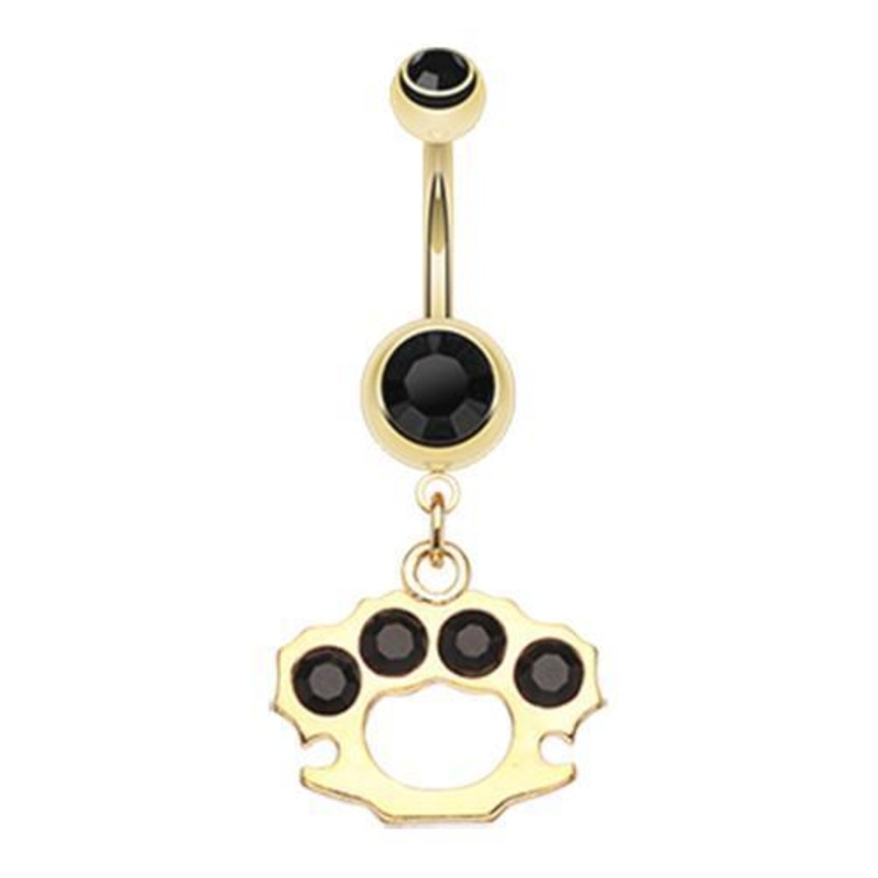 Black Golden Brass Knuckle Sparkle Dangle Belly Ring 14G (1.6mm) Length: 3/8″ (10mm)