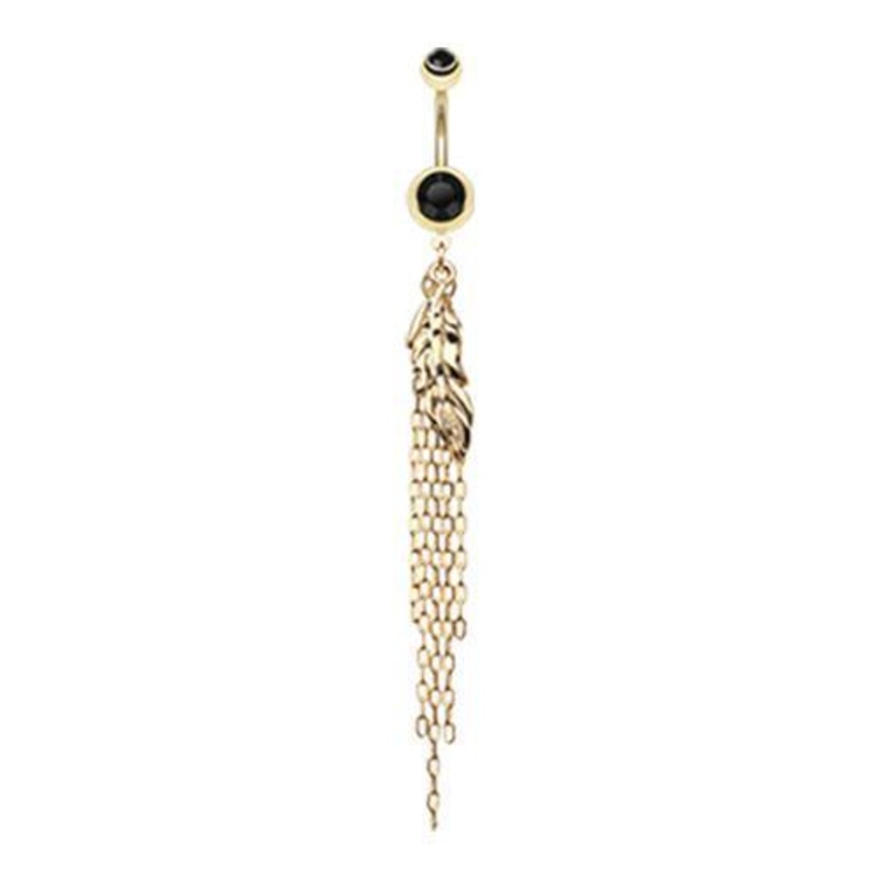 Black Golden Leaf Tassel Dangle Belly Ring 14G (1.6mm) Length: 3/8″ (10mm)
