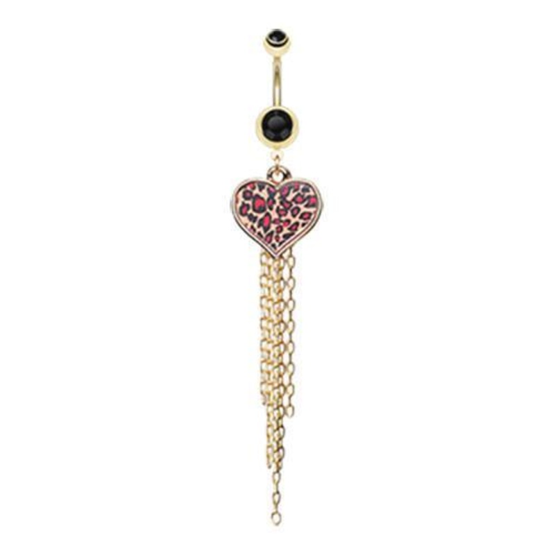 Black Golden Leopard Heart Tassel Dangle Belly Ring 14G (1.6mm) Length: 3/8″ (10mm)