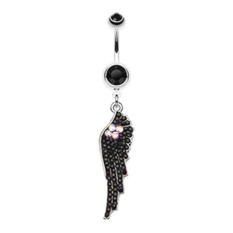 Black Jeweled Angel Wing Sparkle Dangle Belly Ring 14G (1.6mm) Length: 3/8″ (10mm)