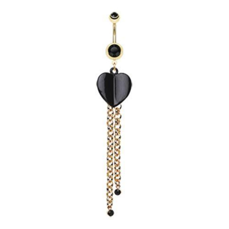 Black Semi-Fold Heart Gold Chain Dangle Belly Ring 14G (1.6mm) Length: 3/8″ (10mm)