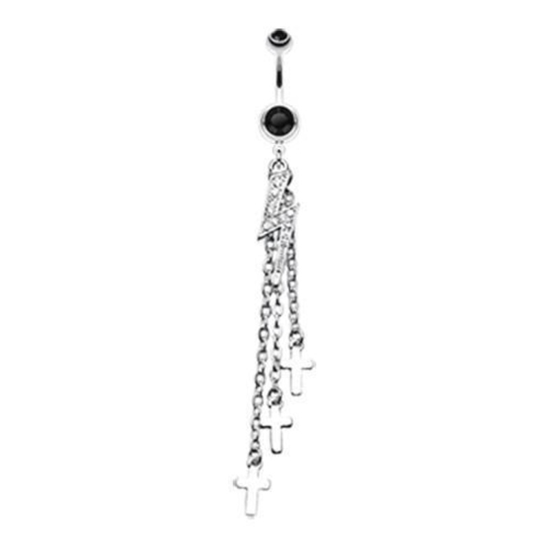 Black Shimmering Lightning Bolt Chain Cross Dangle Belly Ring 14G (1.6mm) Length: 3/8″ (10mm)