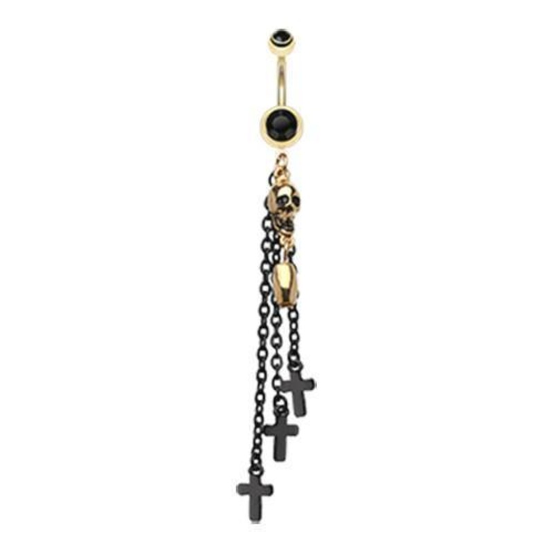 Black Skull Bullet Cross Dangle Belly Ring 14G (1.6mm) Length: 3/8″ (10mm)