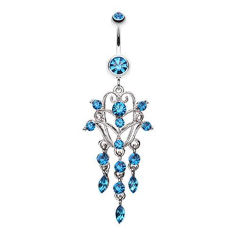 Capri Blue Chandelier Filigree Sparkle Dangle Belly Ring 14G (1.6mm) Length: 3/8″ (10mm)