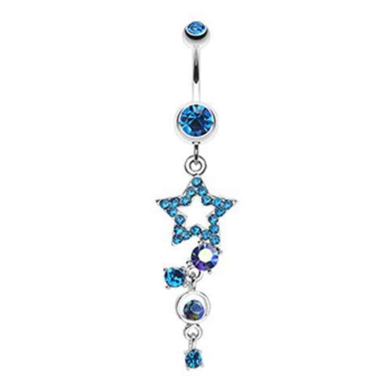 Capri Blue Star Sparkle Gem Curve Dangle Belly Ring 14G (1.6mm) Length: 3/8″ (10mm)