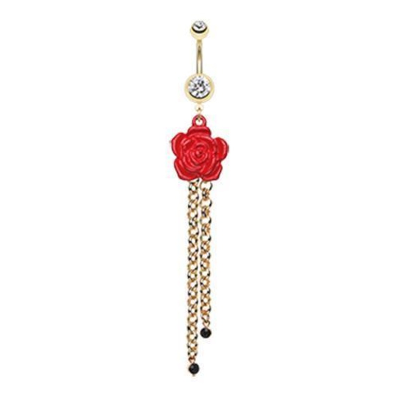 Clear Beautiful Full Bloom Rose Gem Drop Dangle Belly Ring 14G (1.6mm) Length: 3/8″ (10mm)