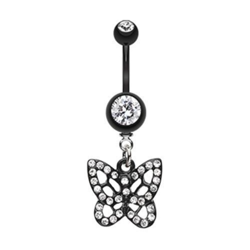 Clear Black Butterfly Dangle Belly Ring 14G (1.6mm) Length: 3/8″ (10mm)