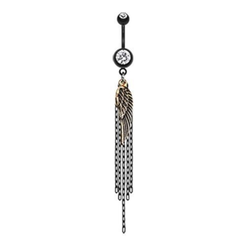 Clear Black Fallen Angel Wing Chain Tassel Dangle Belly Ring 14G (1.6mm) Length: 3/8″ (10mm)