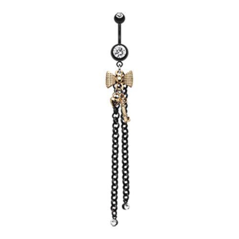 Clear Black Gold Bow-Tie Lock Key Dangle Belly Ring 14G (1.6mm) Length: 3/8″ (10mm)