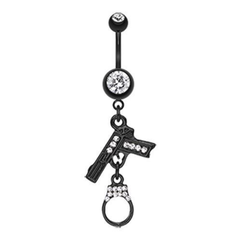 Clear Black Handgun Cuff Sparkle Dangle Belly Ring 14G (1.6mm) Length: 3/8″ (10mm)