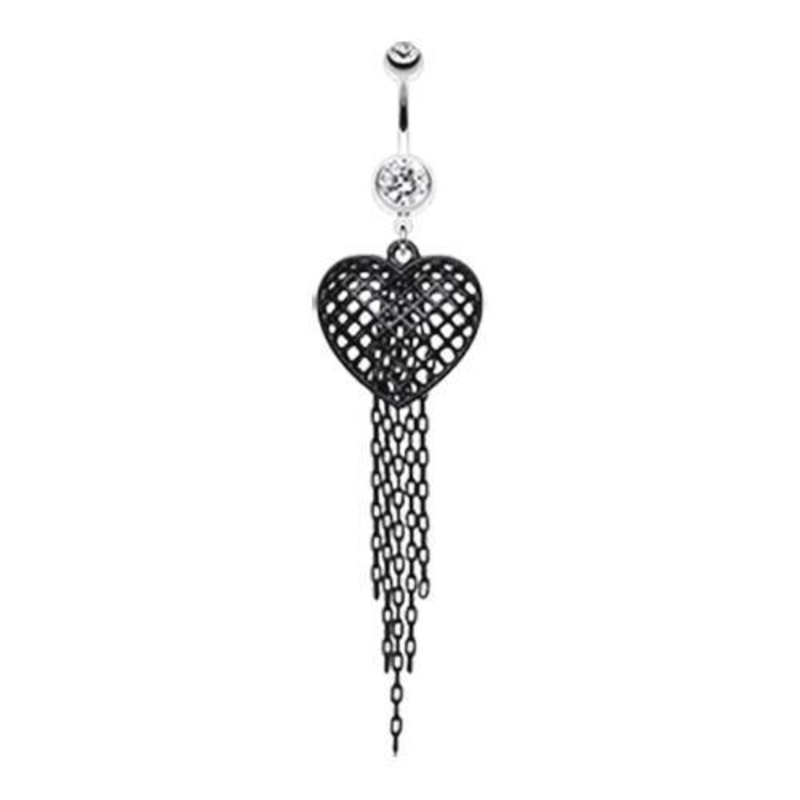 Clear Black Heart Chain Tassel Dangle Belly Ring 14G (1.6mm) Length: 3/8″ (10mm)