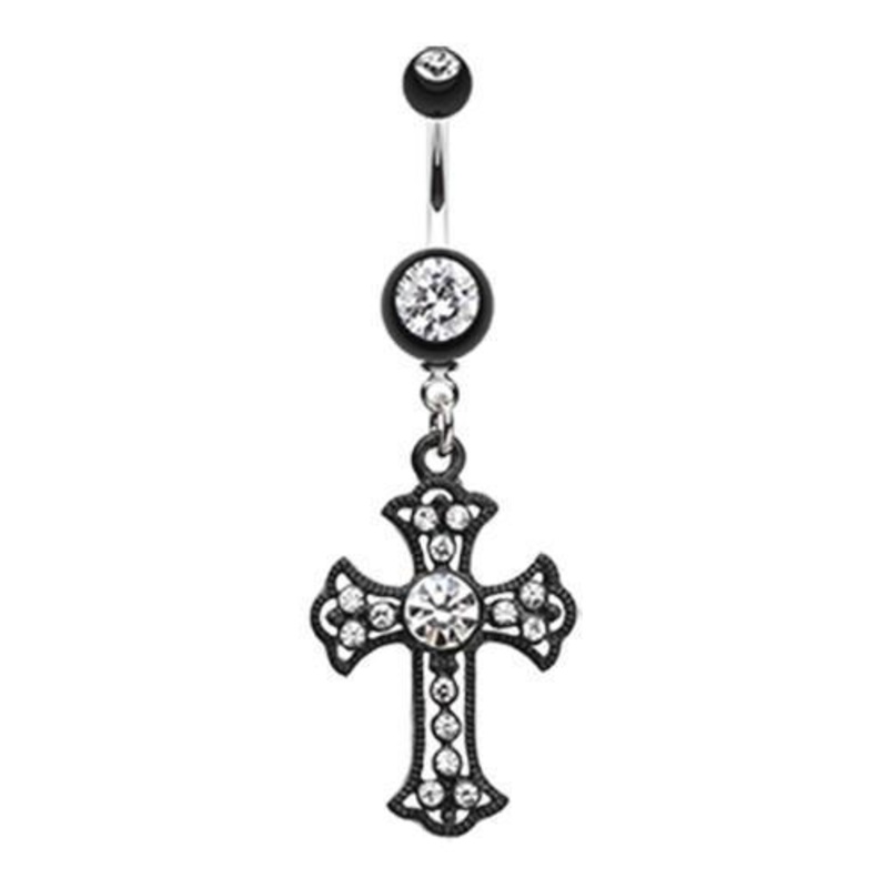 Clear Black Opulent Cross Dangle Belly Ring 14G (1.6mm) Length: 3/8″ (10mm)