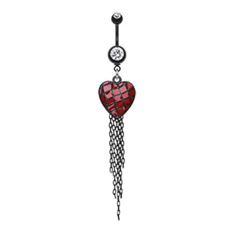 Clear Black Red Heart Chain Tassel Dangle Belly Ring 14G (1.6mm) Length: 3/8″ (10mm)