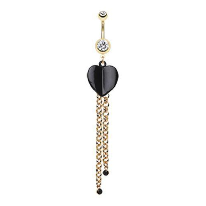 Clear Black Semi-Fold Heart Gold Chain Dangle Belly Ring 14G (1.6mm) Length: 3/8″ (10mm)