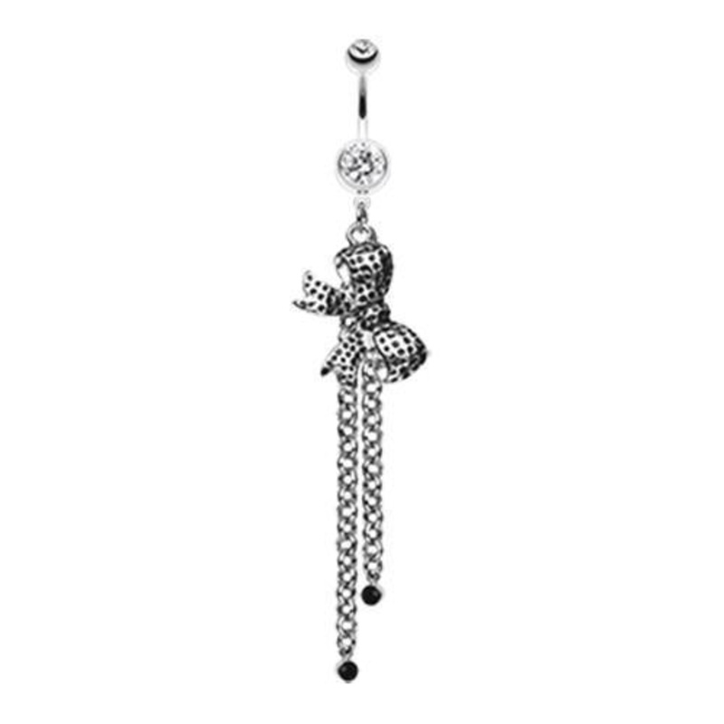 Clear Bow-Tie Gem Drop Dangle Belly Ring 14G (1.6mm) Length: 3/8″ (10mm)