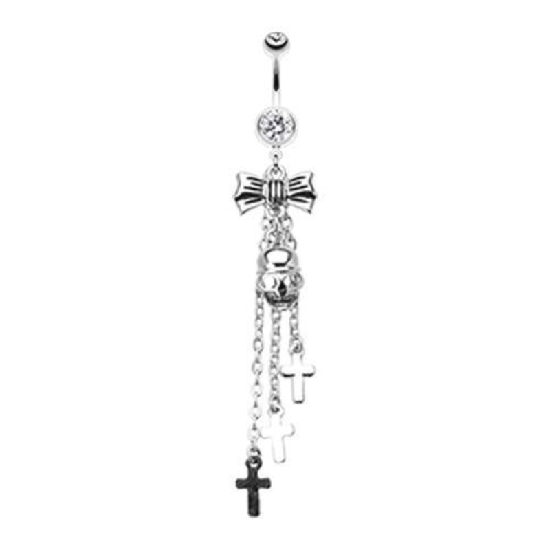 Clear Bow-Tie Skull Cross Dangle Belly Ring 14G (1.6mm) Length: 3/8″ (10mm)