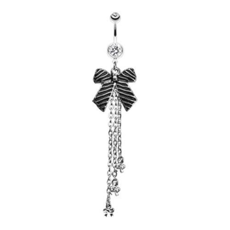 Clear Bow-Tie Tassel Dangle Belly Ring 14G (1.6mm) Length: 3/8″ (10mm)