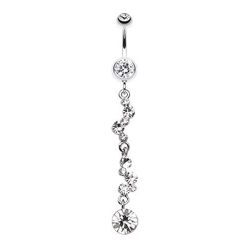 Clear Crystal Journey Swirl Dangle Belly Ring 14G (1.6mm) Length: 3/8″ (10mm)