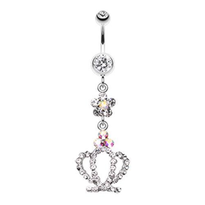 Clear Flower Crown Sparkle Dangle Belly Ring 14G (1.6mm) Length: 3/8″ (10mm)