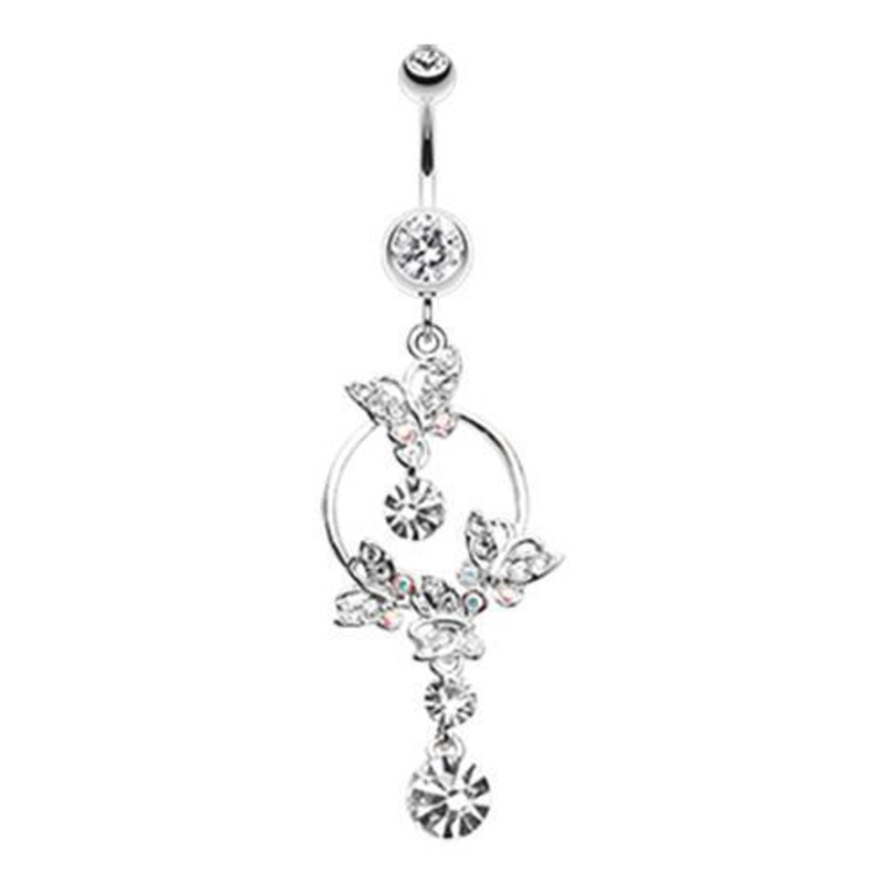 Clear Glistening Butterfly Garden Dangle Belly Ring 14G (1.6mm) Length: 3/8″ (10mm)