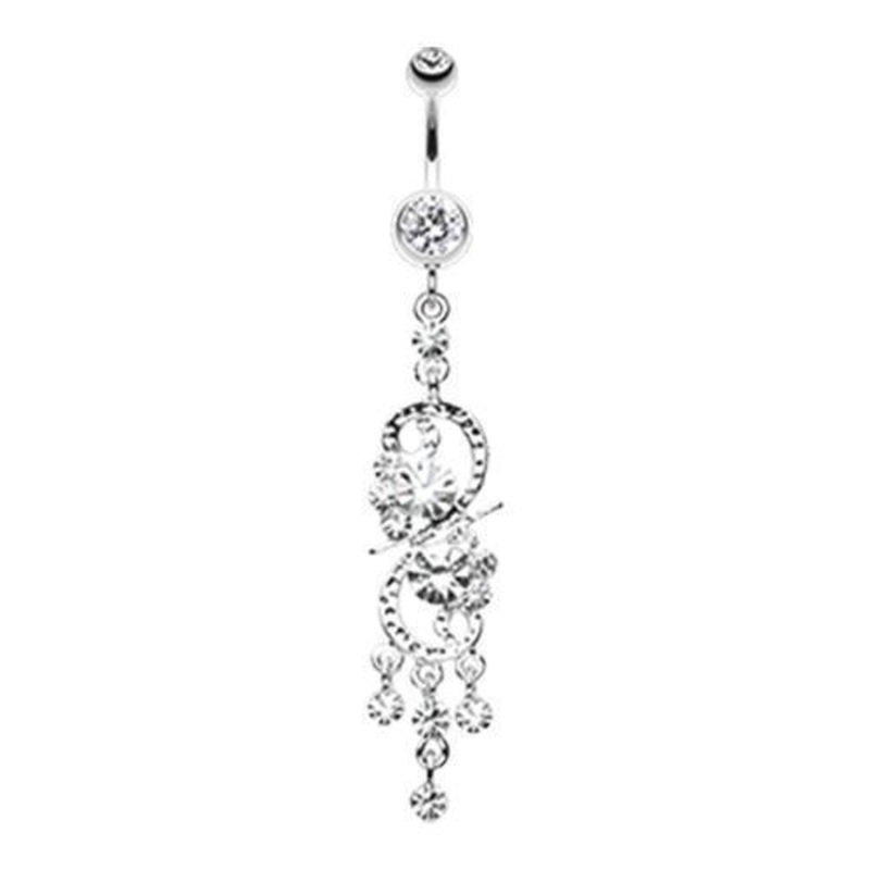 Clear Glistening Chandelier Dangle Belly Ring 14G (1.6mm) Length: 3/8″ (10mm)