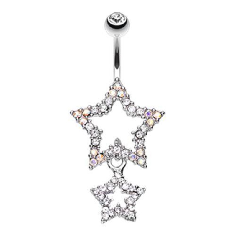 Clear Glistening Double Star Dangle Belly Ring 14G (1.6mm) Length: 3/8″ (10mm)