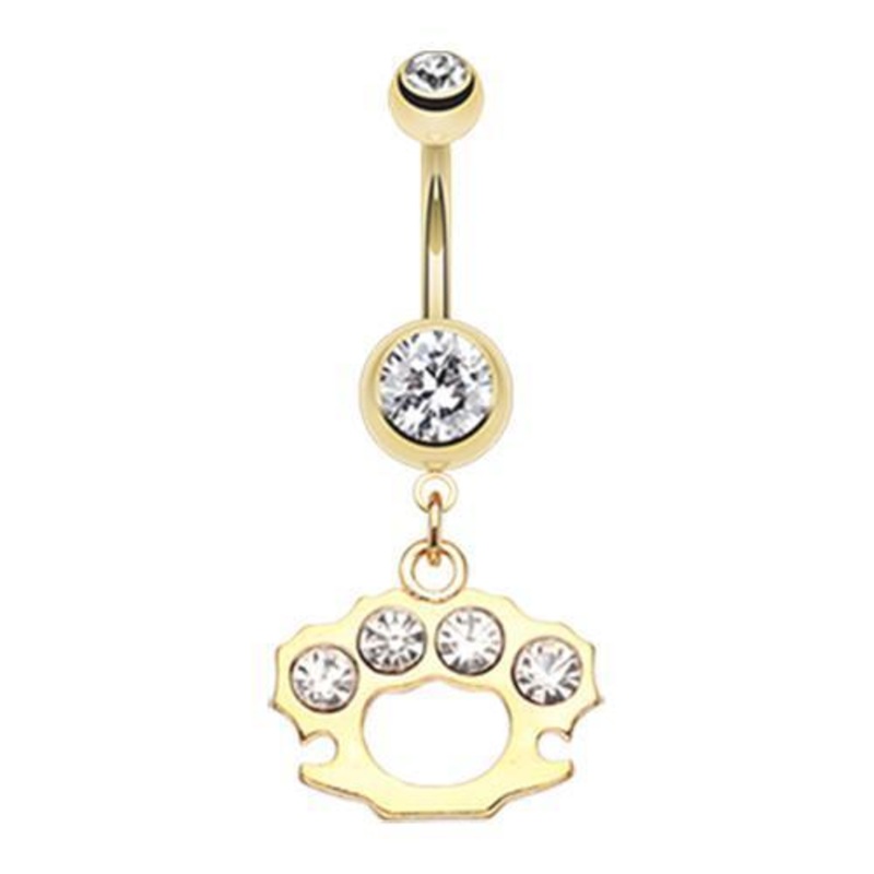 Clear Golden Brass Knuckle Sparkle Dangle Belly Ring 14G (1.6mm) Length: 3/8″ (10mm)