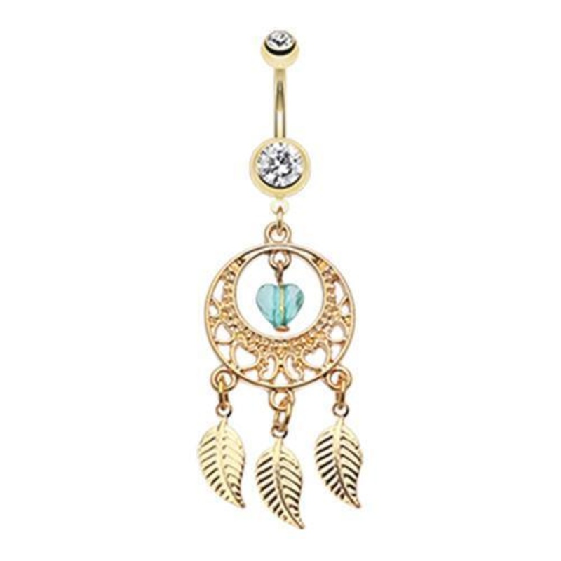 Clear Golden Heart Dream Catcher Dangle Belly Ring 14G (1.6mm) Length: 3/8″ (10mm)