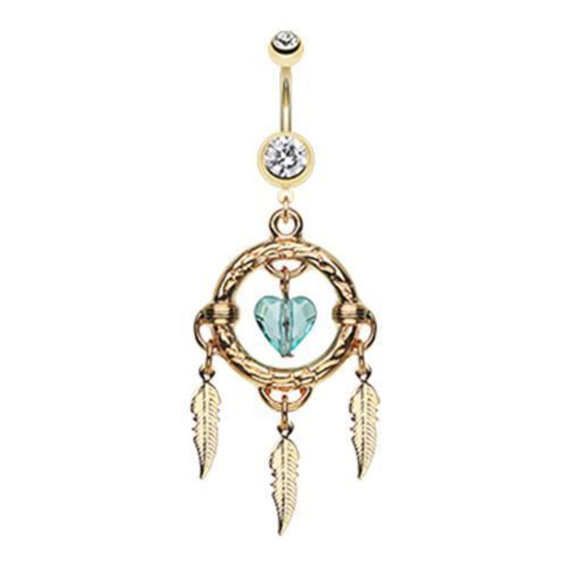 Clear Golden Heart Hoop Dream Catcher Dangle Belly Ring 14G (1.6mm) Length: 3/8″ (10mm)