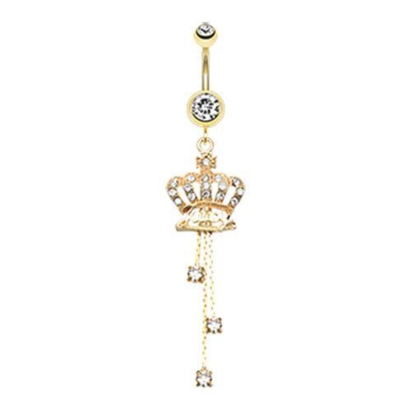 Clear Golden Juicy Crown Sparkle Dangle Belly Ring 14G (1.6mm) Length: 3/8″ (10mm)
