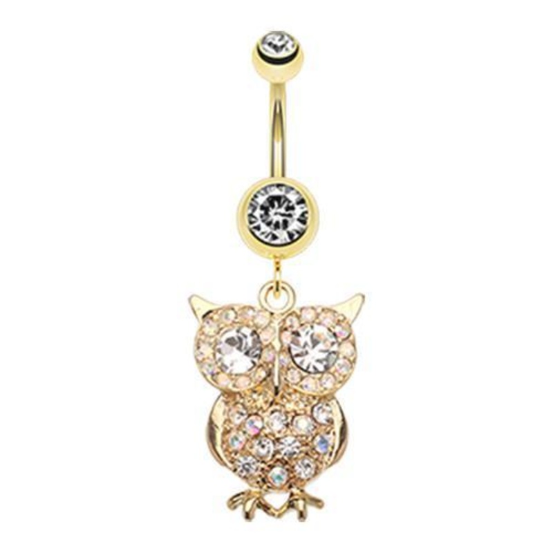 Clear Golden Owl Sparkle Dangle Belly Ring 14G (1.6mm) Length: 3/8″ (10mm)